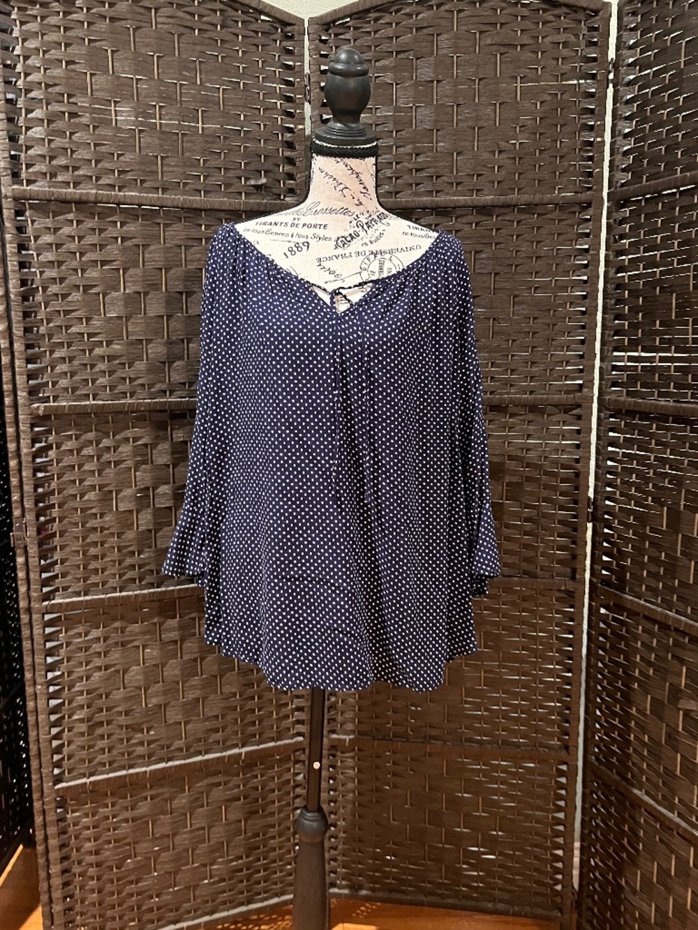 Fred David Navy Blue White Polka Dot Peasant Blouse 2X
